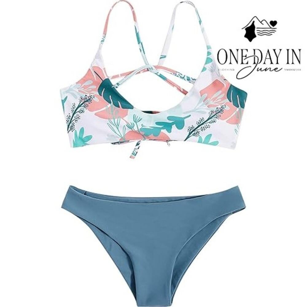 CharmLeaks Lace Up Back Floral Bikini Swimsuit Size S
